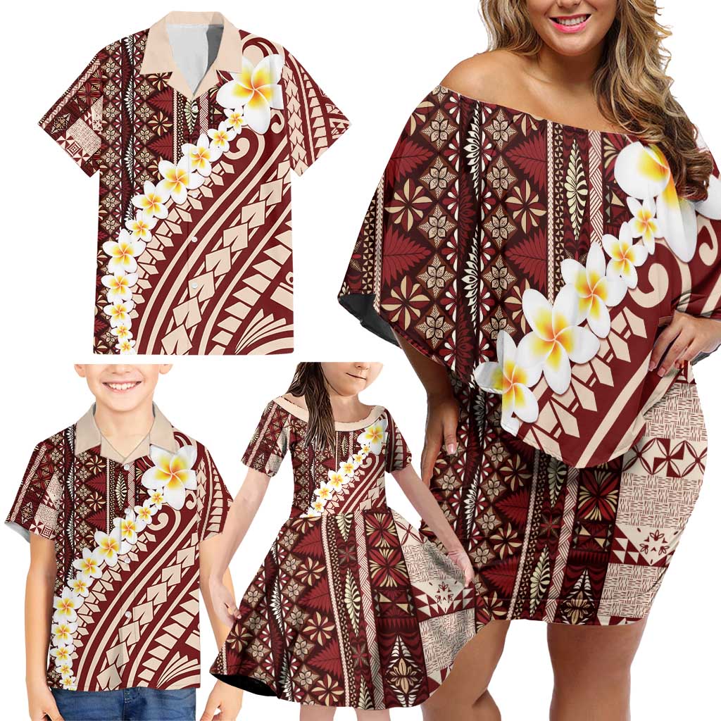 Red Vintage Tonga Ngatu Pattern With Plumeria Family Matching Off Shoulder Short Dress and Hawaiian Shirt - Polynesian Pride