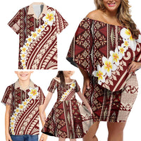 Red Vintage Tonga Ngatu Pattern With Plumeria Family Matching Off Shoulder Short Dress and Hawaiian Shirt - Polynesian Pride
