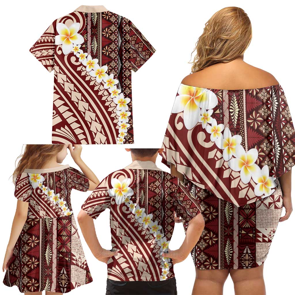 Red Vintage Tonga Ngatu Pattern With Plumeria Family Matching Off Shoulder Short Dress and Hawaiian Shirt - Polynesian Pride