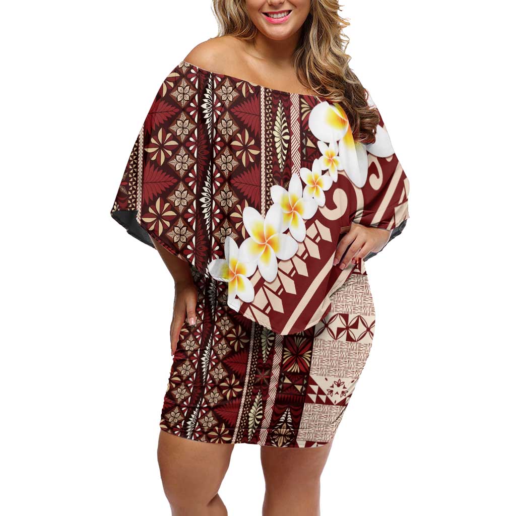 Red Vintage Tonga Ngatu Pattern With Plumeria Family Matching Off Shoulder Short Dress and Hawaiian Shirt - Polynesian Pride