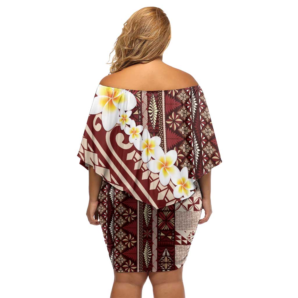 Red Vintage Tonga Ngatu Pattern With Plumeria Family Matching Off Shoulder Short Dress and Hawaiian Shirt - Polynesian Pride