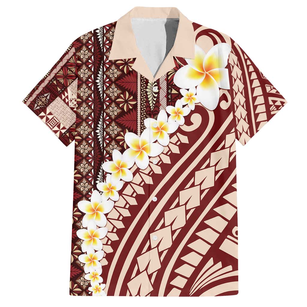 Red Vintage Tonga Ngatu Pattern With Plumeria Family Matching Puletasi and Hawaiian Shirt - Polynesian Pride