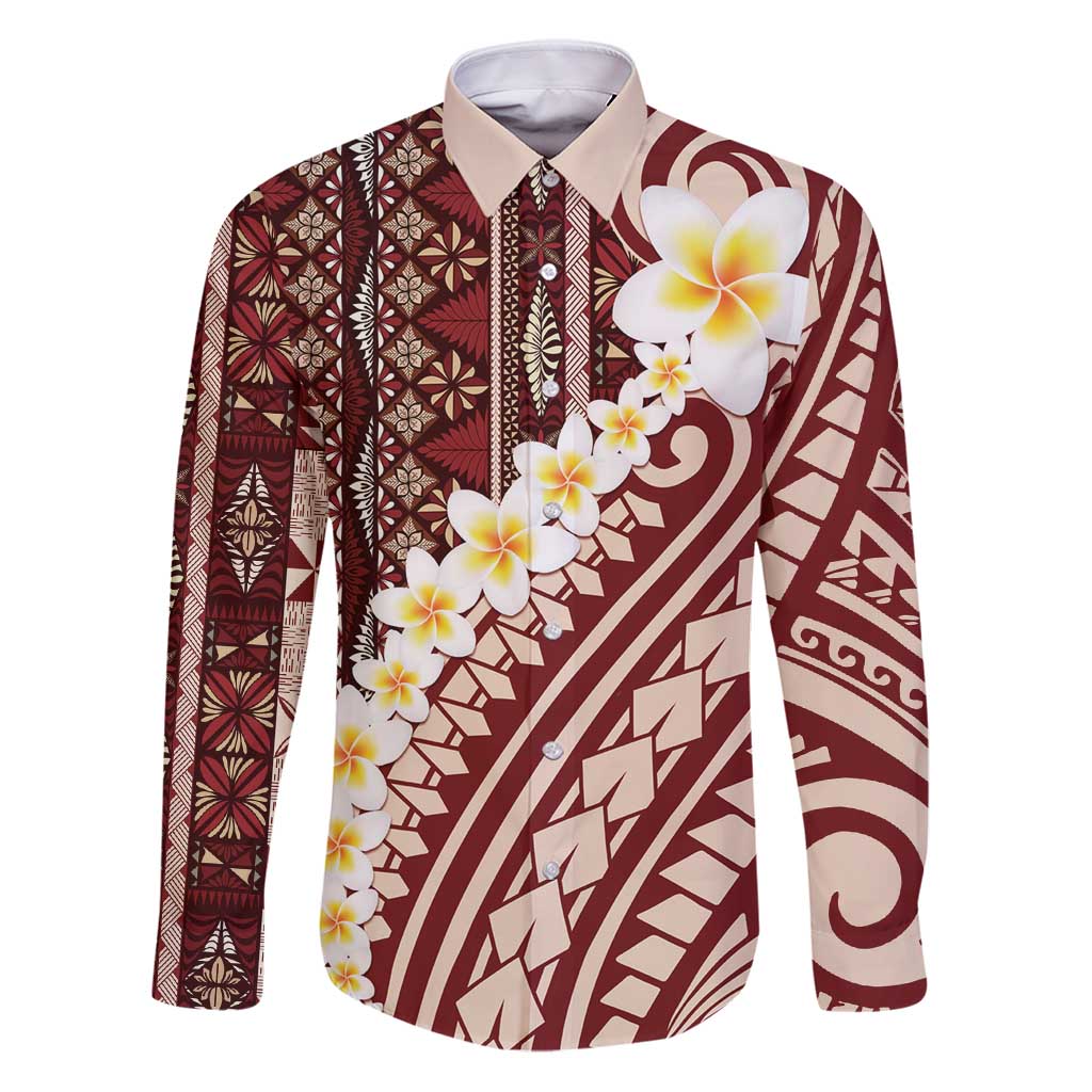 Red Vintage Tonga Ngatu Pattern With Plumeria Family Matching Puletasi and Hawaiian Shirt - Polynesian Pride