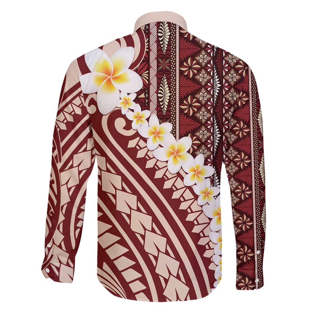 Red Vintage Tonga Ngatu Pattern With Plumeria Family Matching Puletasi and Hawaiian Shirt - Polynesian Pride