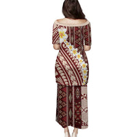 Red Vintage Tonga Ngatu Pattern With Plumeria Family Matching Puletasi and Hawaiian Shirt - Polynesian Pride