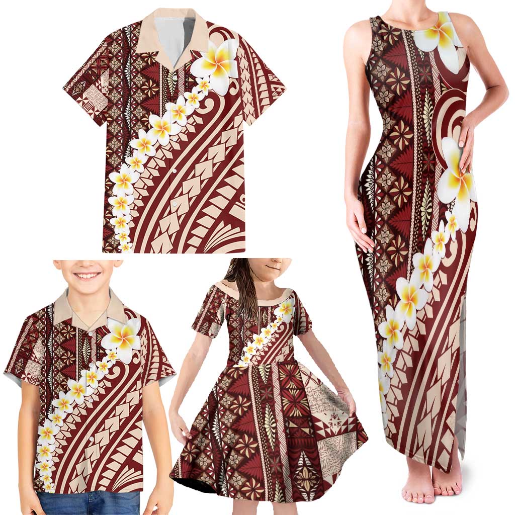 Red Vintage Tonga Ngatu Pattern With Plumeria Family Matching Tank Maxi Dress and Hawaiian Shirt - Polynesian Pride