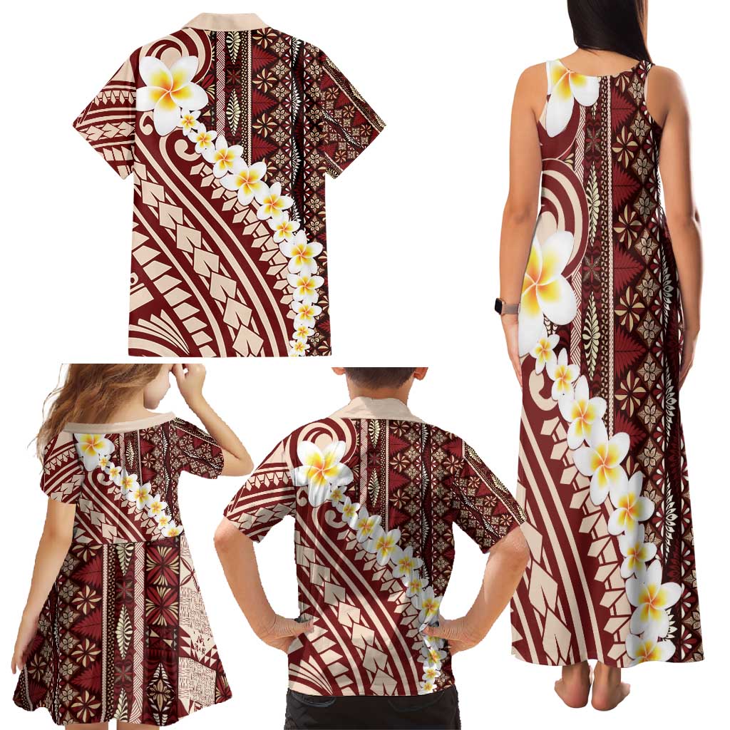 Red Vintage Tonga Ngatu Pattern With Plumeria Family Matching Tank Maxi Dress and Hawaiian Shirt - Polynesian Pride