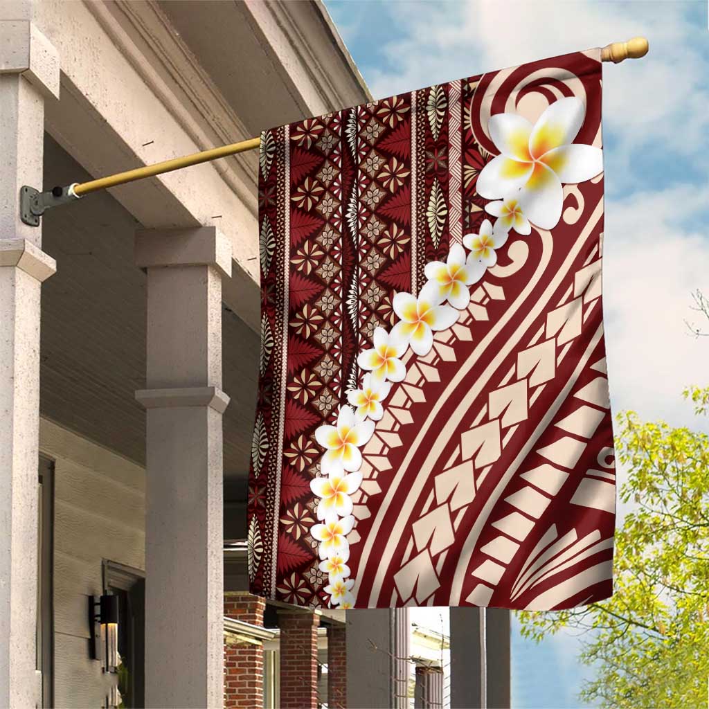 Red Vintage Tonga Ngatu Pattern With Plumeria Garden Flag LT05 House Flag Red - Polynesian Pride