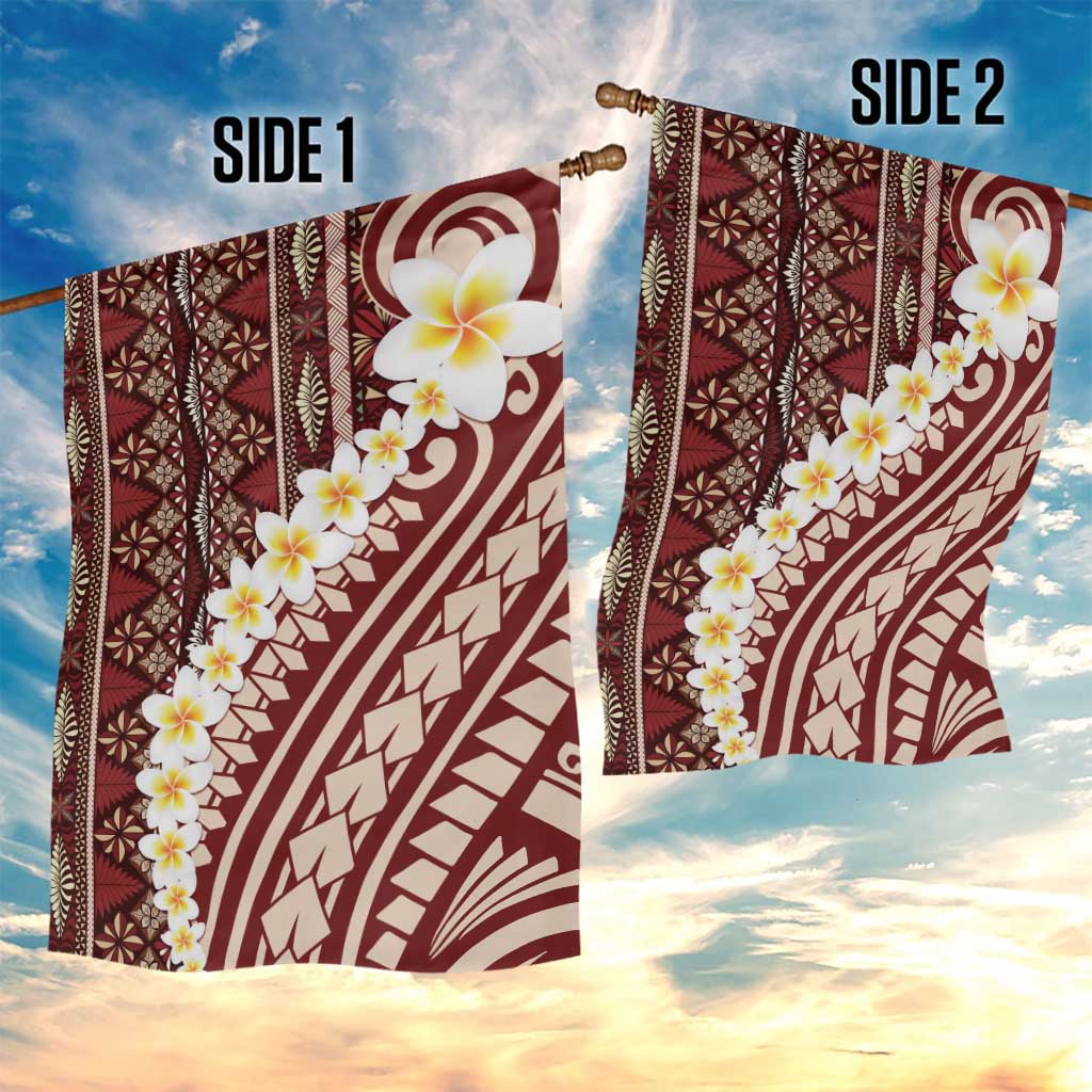 Red Vintage Tonga Ngatu Pattern With Plumeria Garden Flag - Polynesian Pride