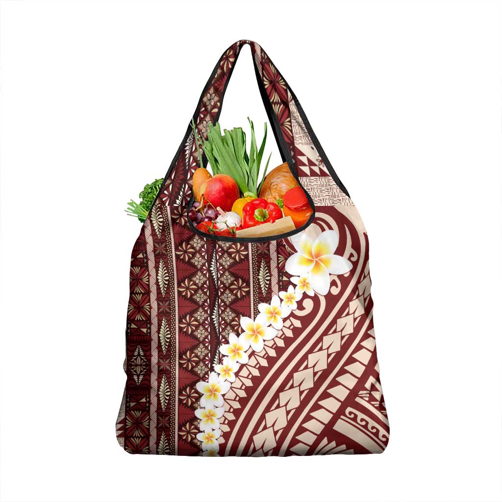 Red Vintage Tonga Ngatu Pattern With Plumeria Grocery Bag LT05 1-pack One Size Red - Polynesian Pride