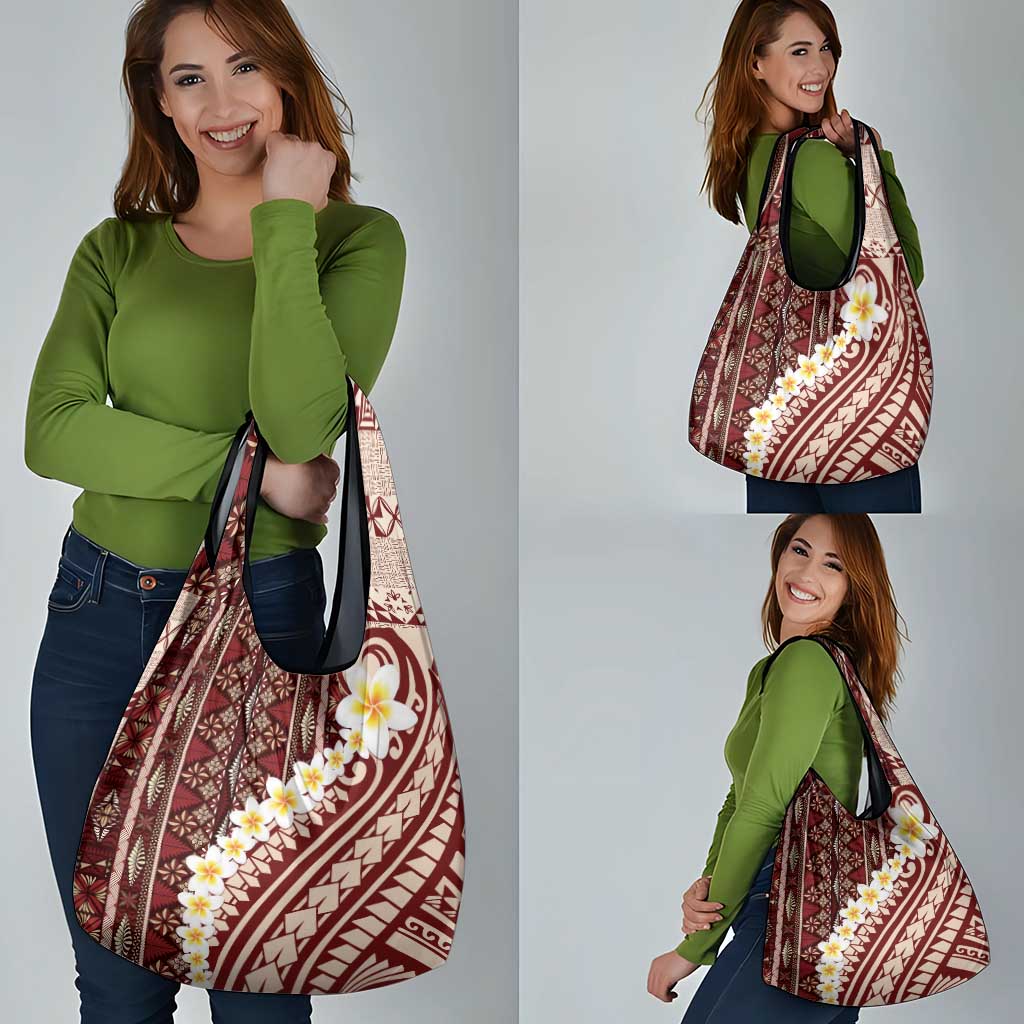 Red Vintage Tonga Ngatu Pattern With Plumeria Grocery Bag - Polynesian Pride
