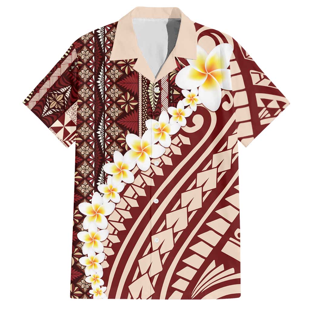 Red Vintage Tonga Ngatu Pattern With Plumeria Hawaiian Shirt - Polynesian Pride