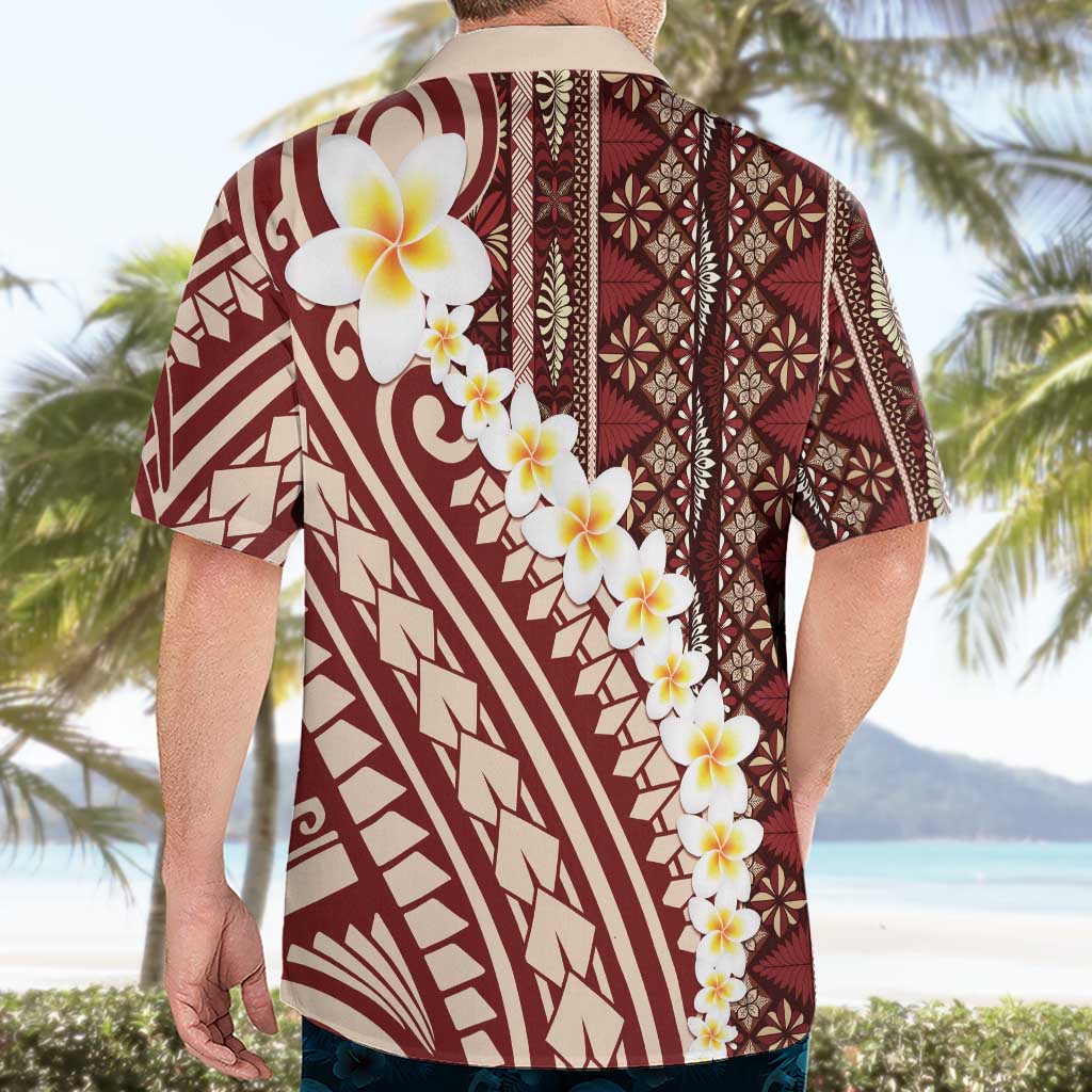 Red Vintage Tonga Ngatu Pattern With Plumeria Hawaiian Shirt - Polynesian Pride