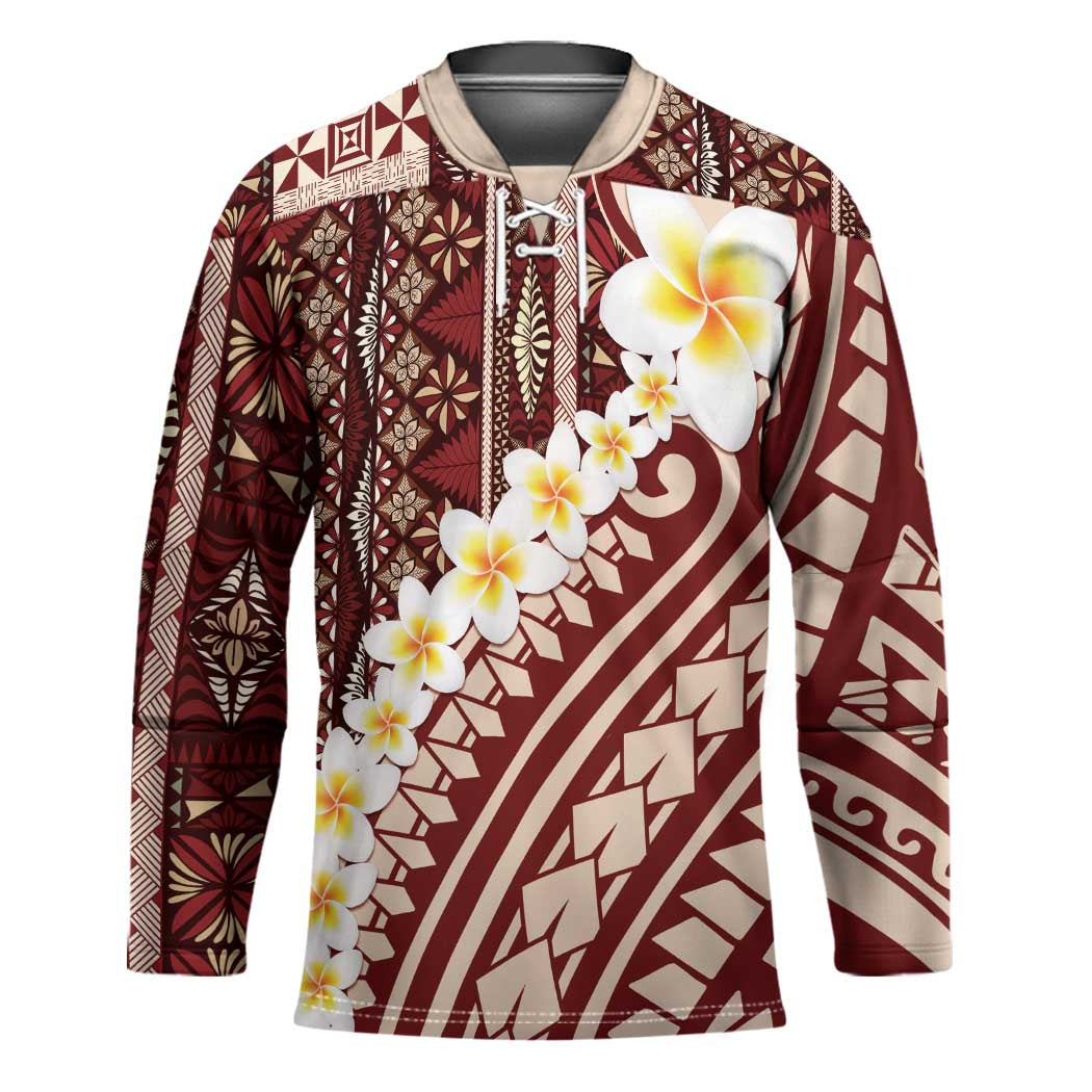 Red Vintage Tonga Ngatu Pattern With Plumeria Hockey Jersey LT05 Unisex Red - Polynesian Pride