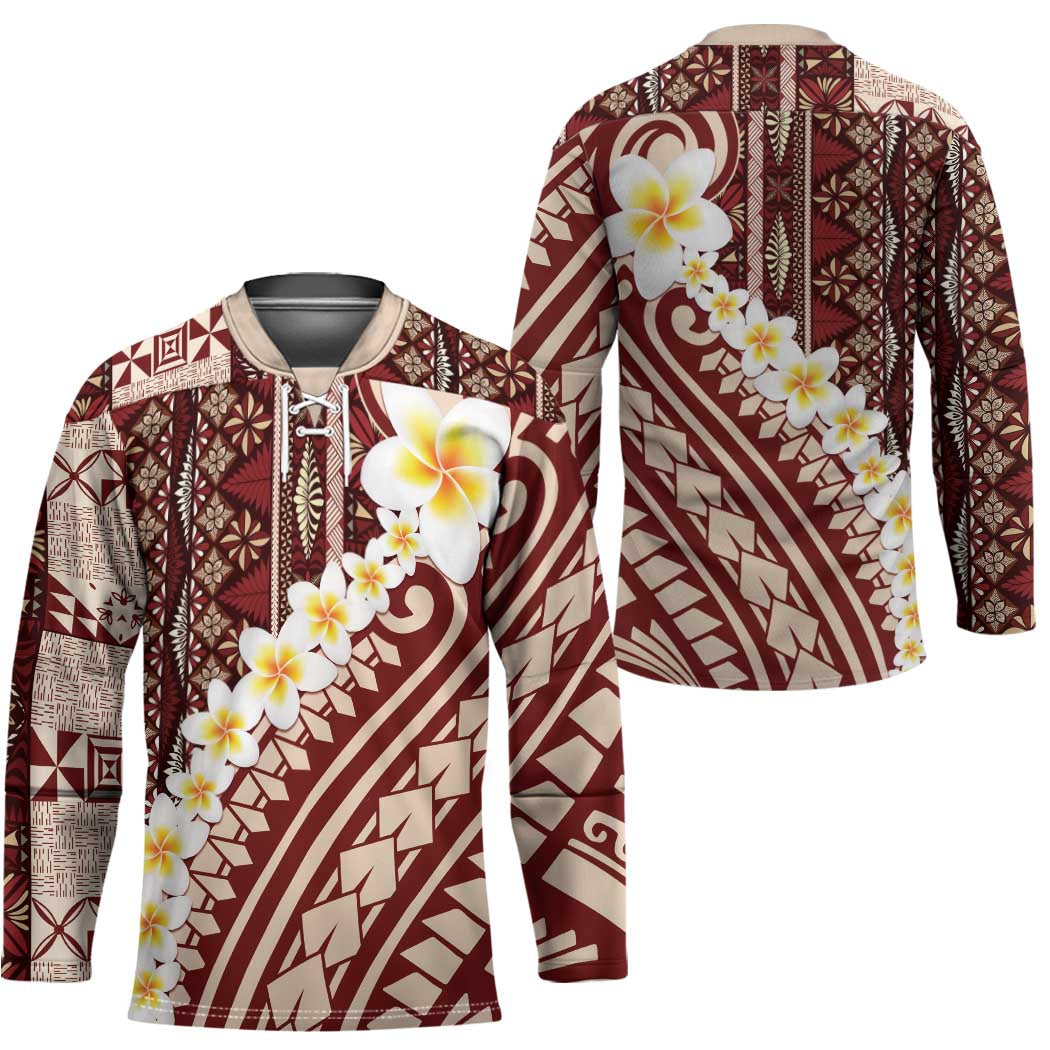 Red Vintage Tonga Ngatu Pattern With Plumeria Hockey Jersey - Polynesian Pride