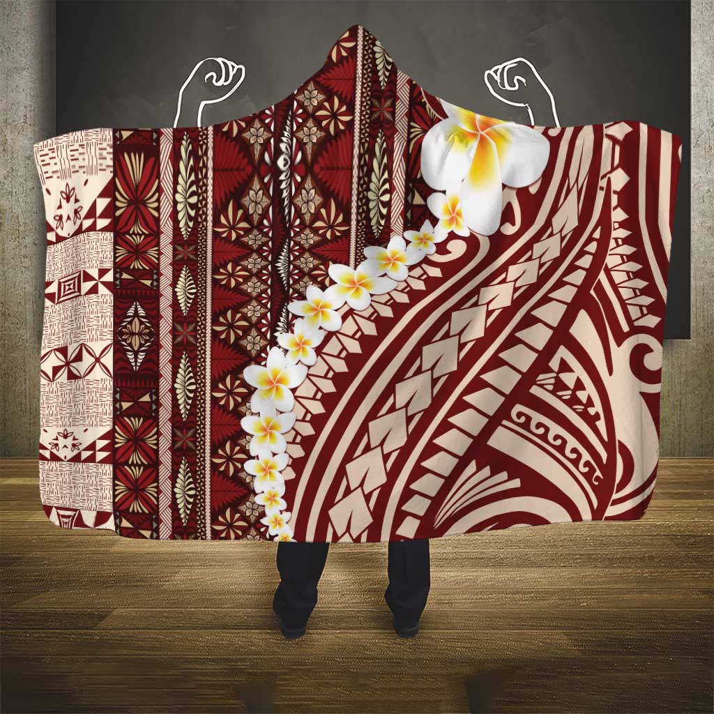 Red Vintage Tonga Ngatu Pattern With Plumeria Hooded Blanket - Polynesian Pride