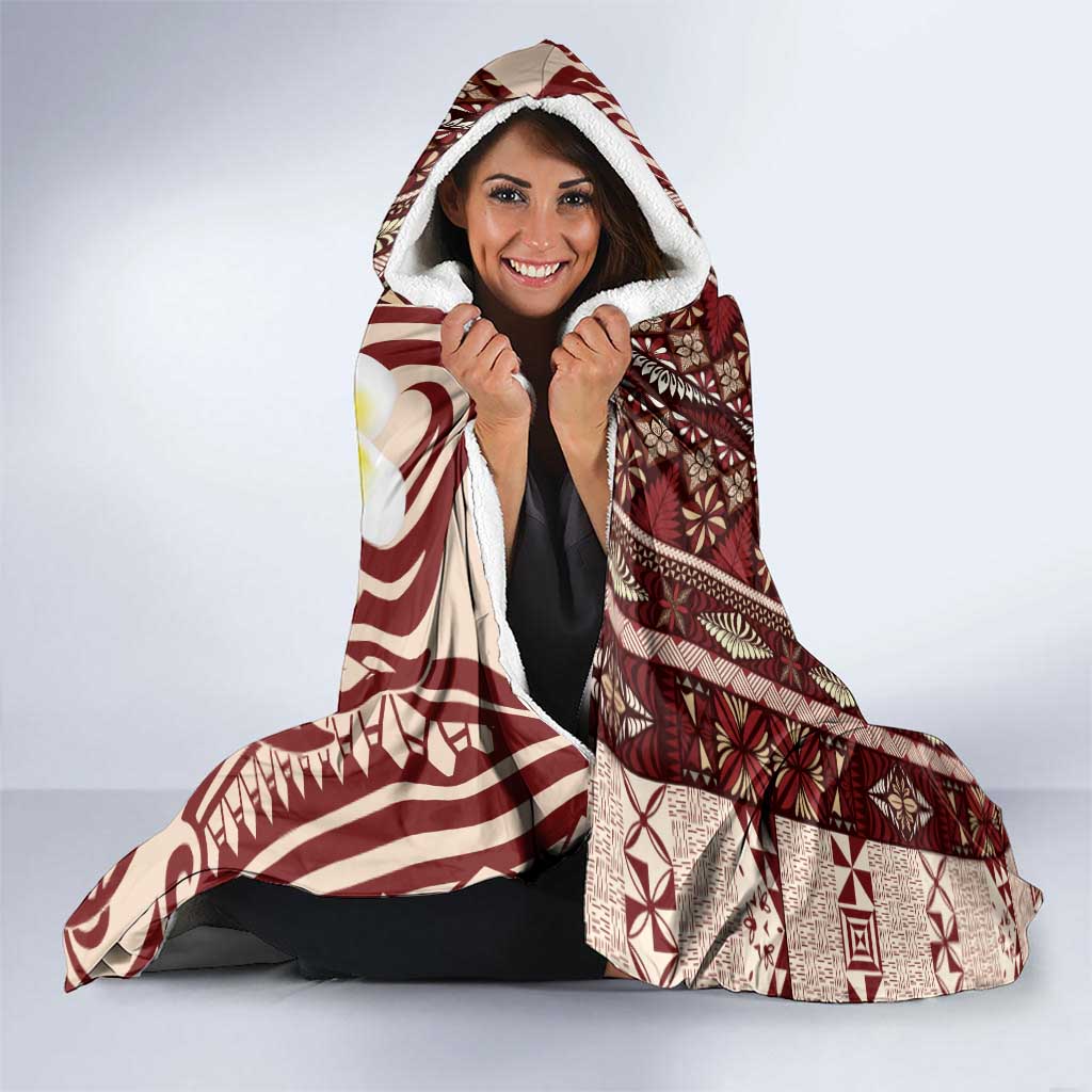 Red Vintage Tonga Ngatu Pattern With Plumeria Hooded Blanket - Polynesian Pride