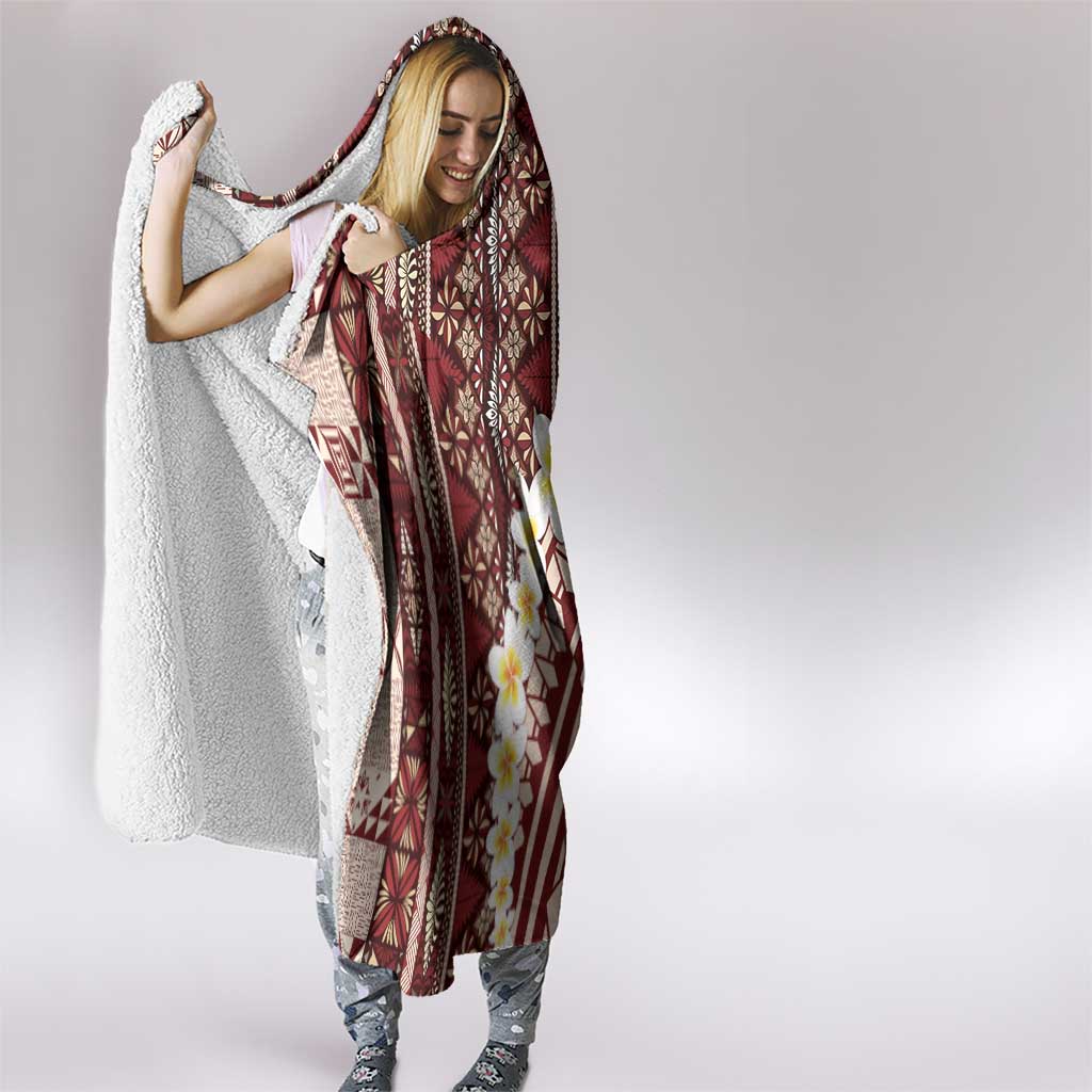 Red Vintage Tonga Ngatu Pattern With Plumeria Hooded Blanket - Polynesian Pride