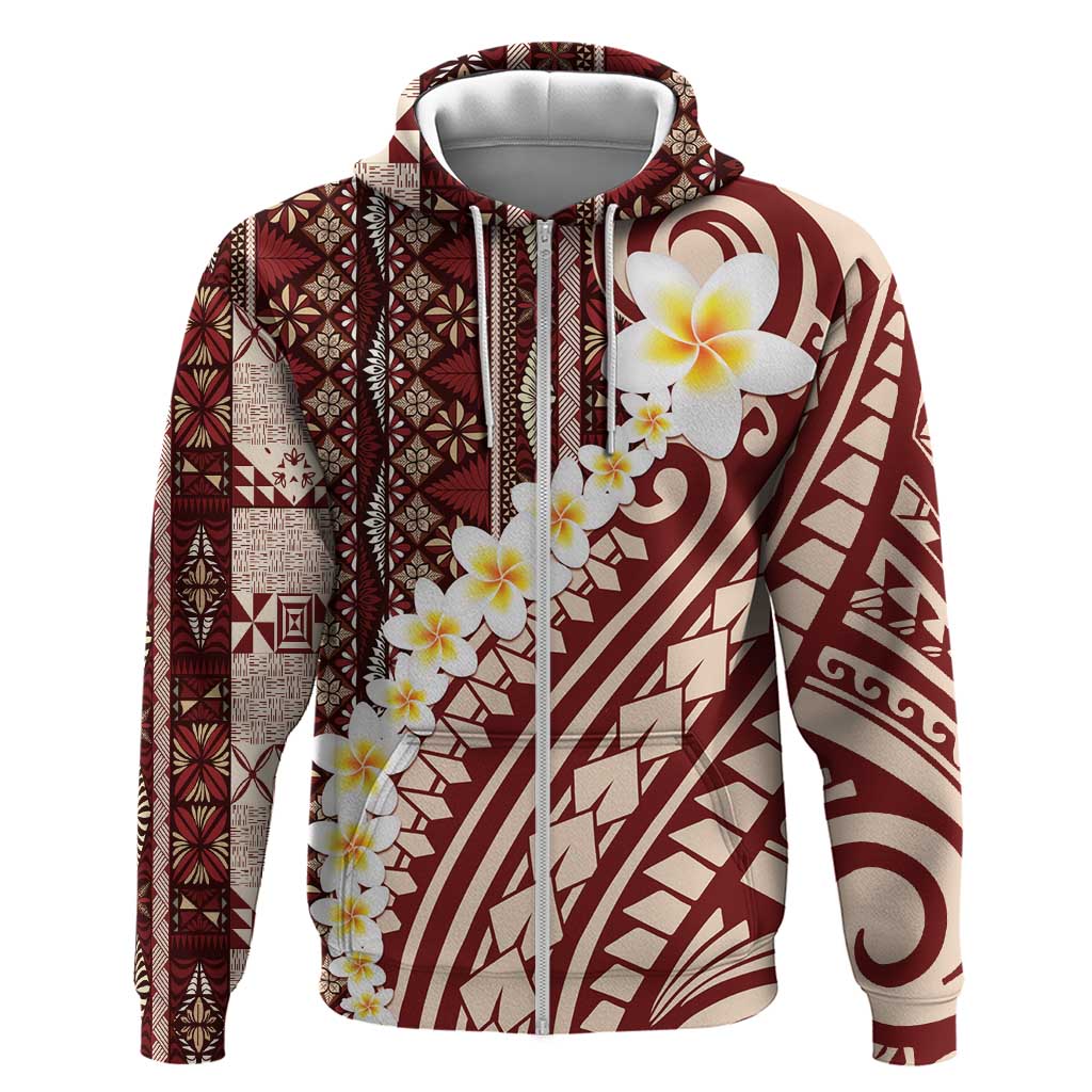 Red Vintage Tonga Ngatu Pattern With Plumeria Hoodie - Polynesian Pride