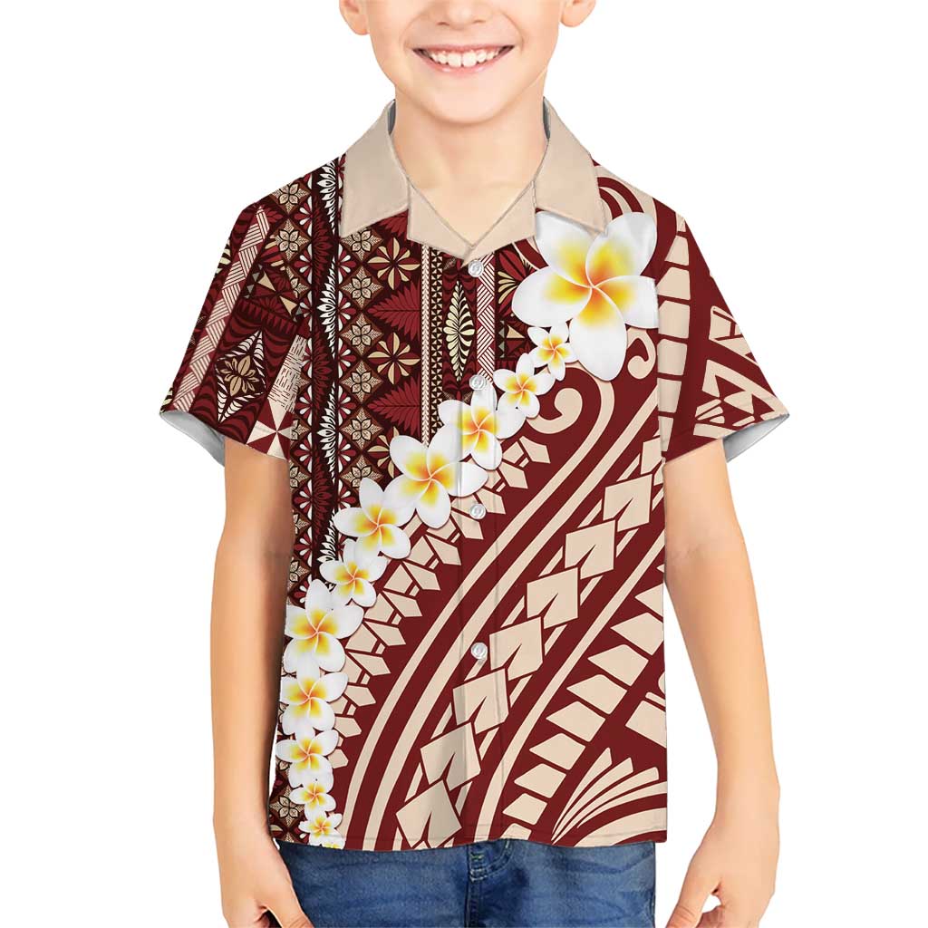 Red Vintage Tonga Ngatu Pattern With Plumeria Kid Hawaiian Shirt LT05 Kid Red - Polynesian Pride