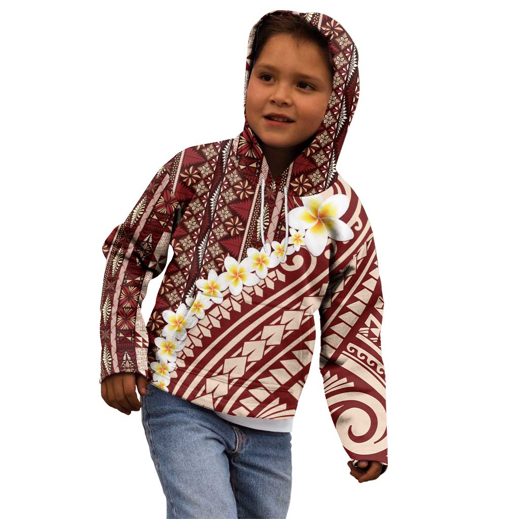 Red Vintage Tonga Ngatu Pattern With Plumeria Kid Hoodie - Polynesian Pride
