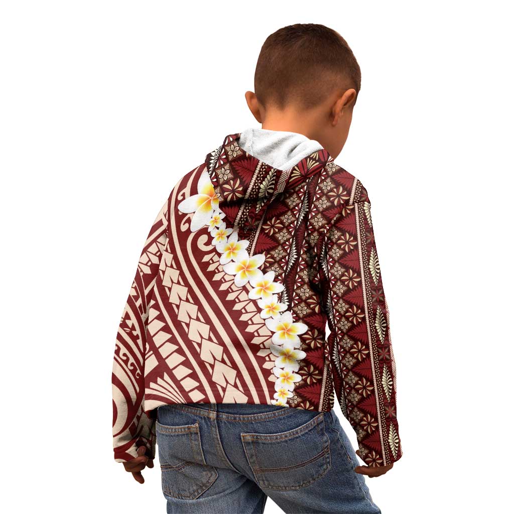 Red Vintage Tonga Ngatu Pattern With Plumeria Kid Hoodie - Polynesian Pride