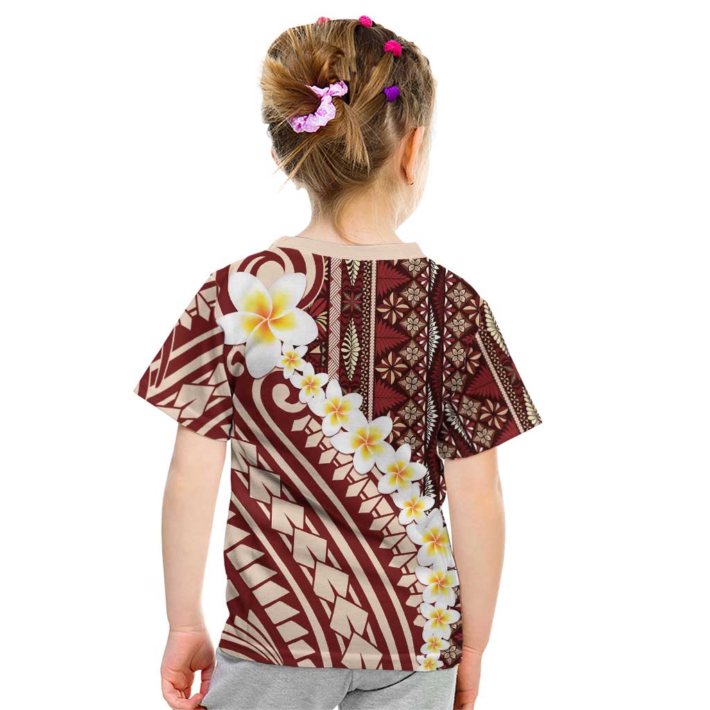 Red Vintage Tonga Ngatu Pattern With Plumeria Kid T Shirt - Polynesian Pride