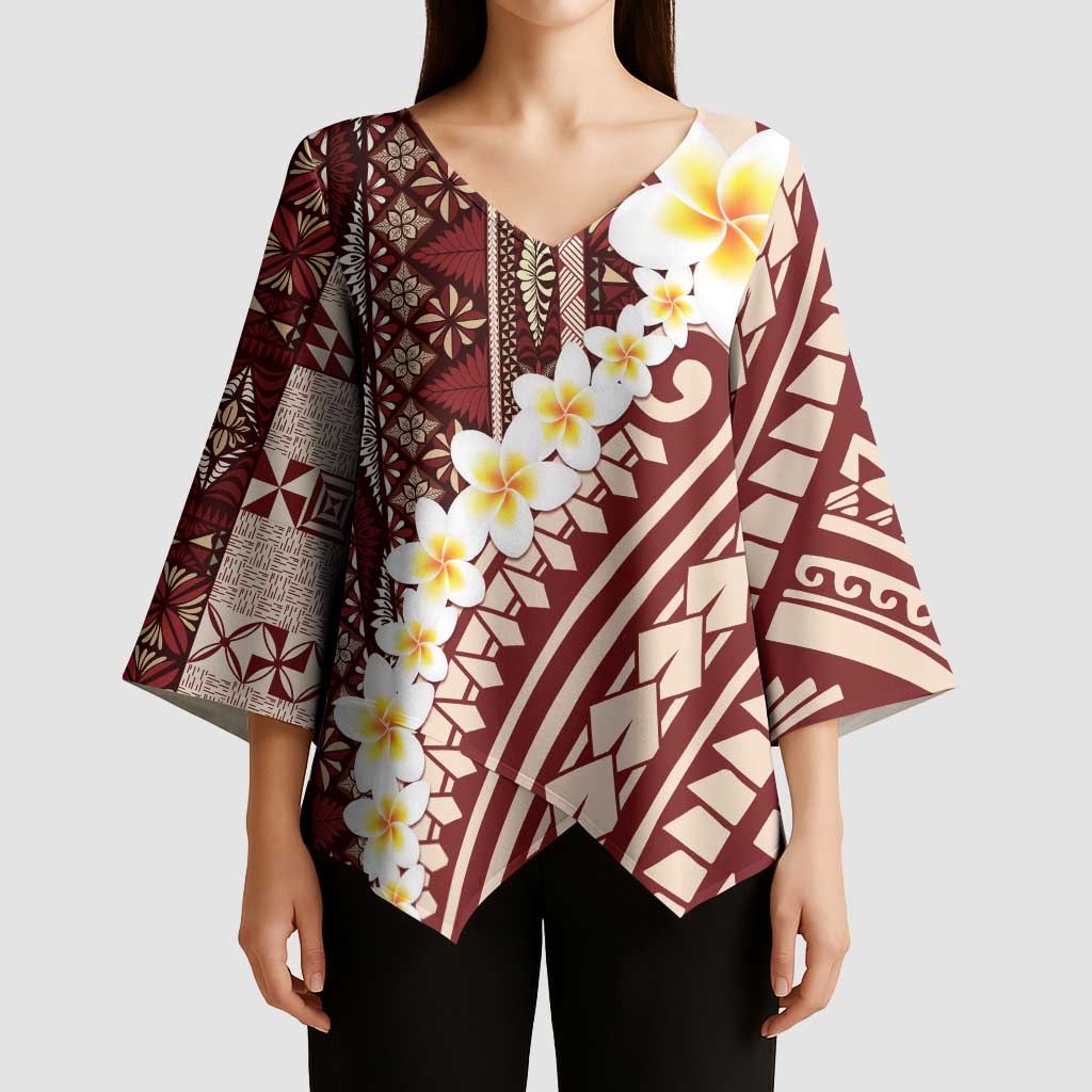 Red Vintage Tonga Ngatu Pattern With Plumeria Kimono Sleeve Blouse - Polynesian Pride