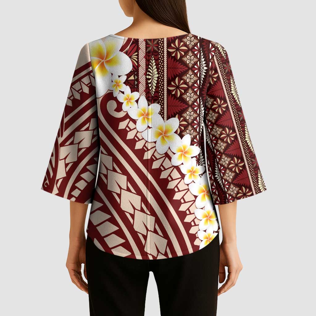 Red Vintage Tonga Ngatu Pattern With Plumeria Kimono Sleeve Blouse - Polynesian Pride