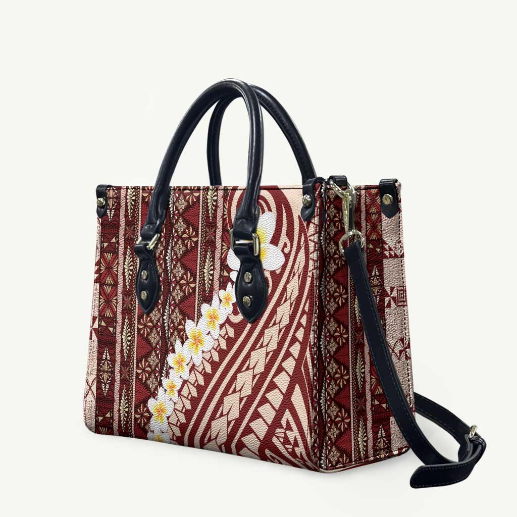 Red Vintage Tonga Ngatu Pattern With Plumeria Leather Bag LT05 Red - Polynesian Pride