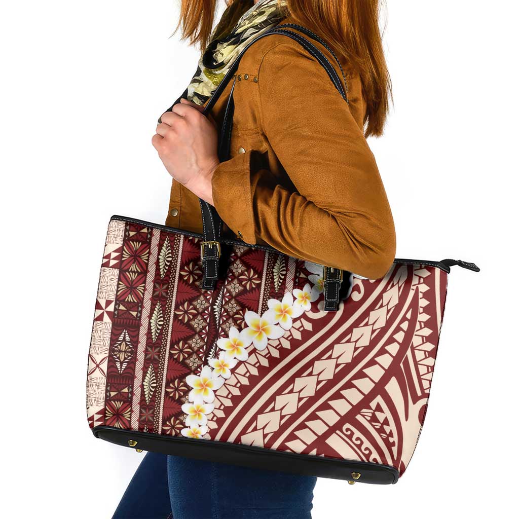 Red Vintage Tonga Ngatu Pattern With Plumeria Leather Tote Bag LT05 Red - Polynesian Pride