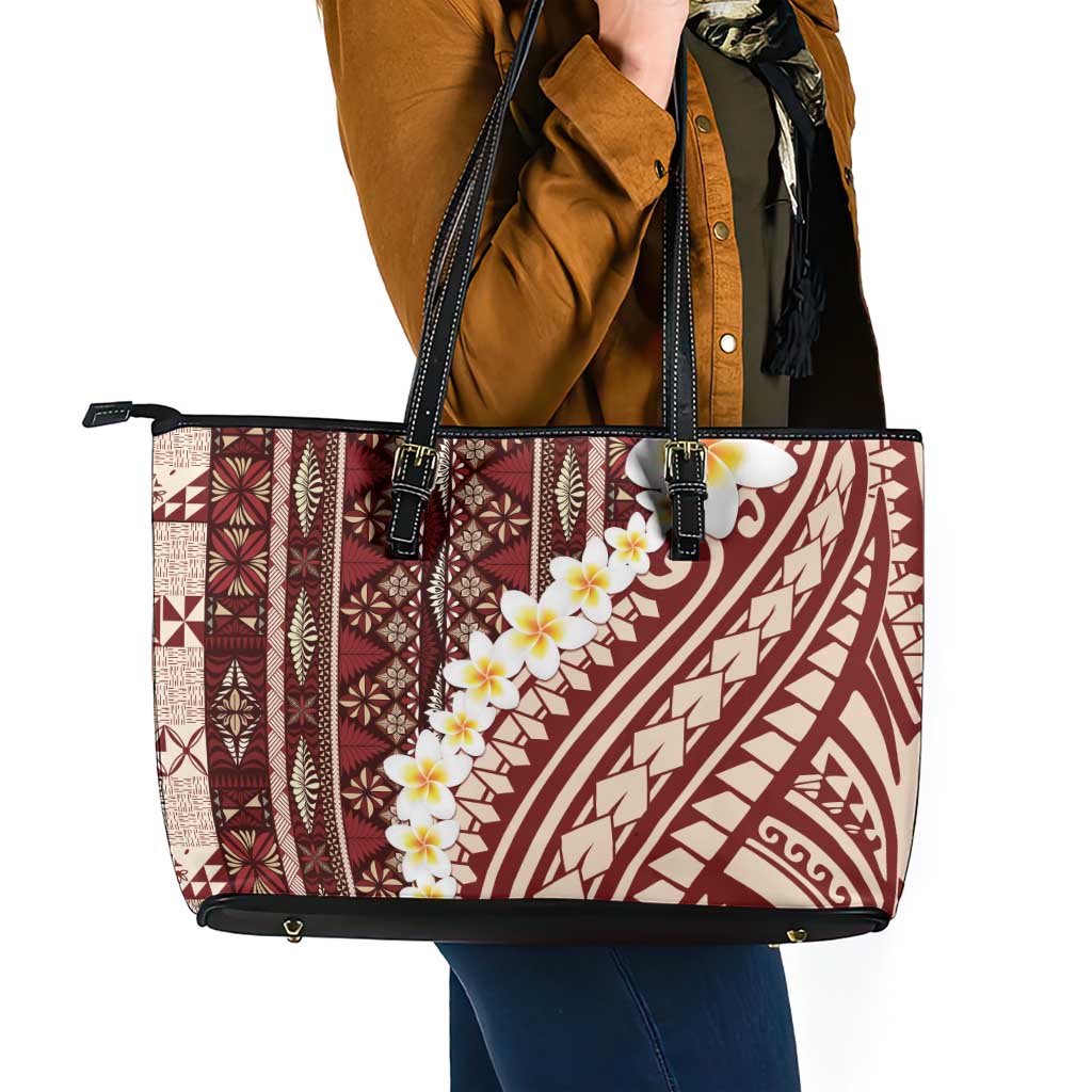 Red Vintage Tonga Ngatu Pattern With Plumeria Leather Tote Bag LT05 - Polynesian Pride