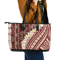 Red Vintage Tonga Ngatu Pattern With Plumeria Leather Tote Bag LT05 - Polynesian Pride