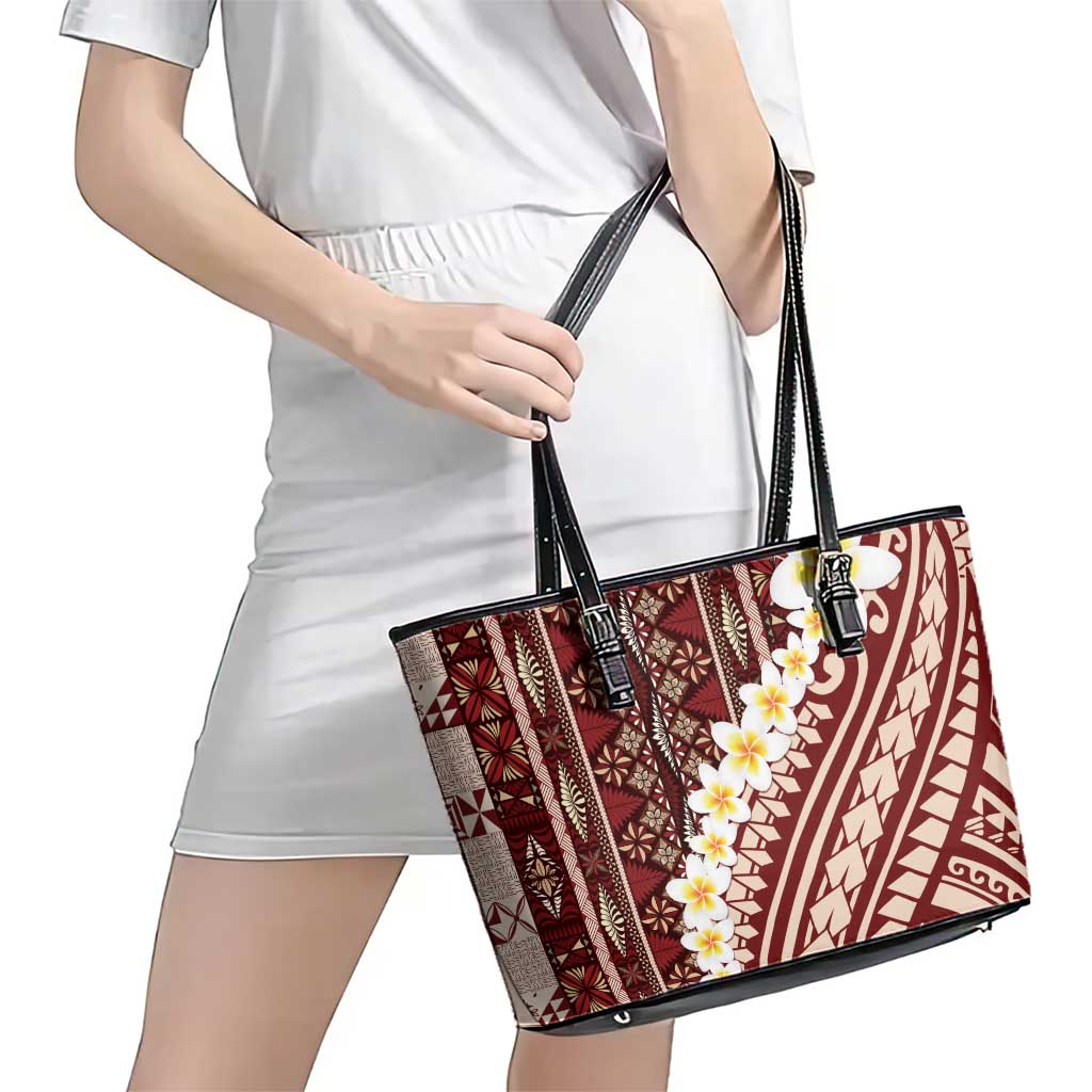 Red Vintage Tonga Ngatu Pattern With Plumeria Leather Tote Bag LT05 - Polynesian Pride