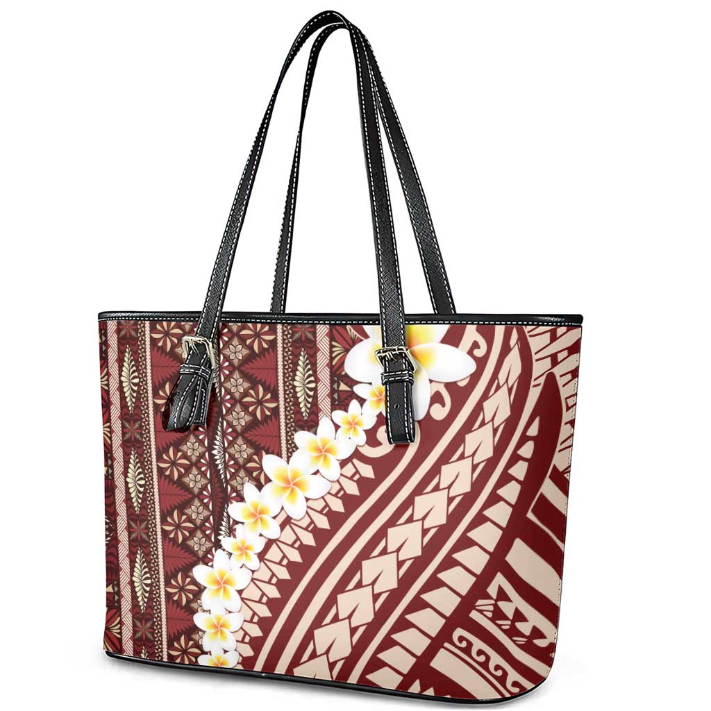 Red Vintage Tonga Ngatu Pattern With Plumeria Leather Tote Bag LT05 - Polynesian Pride
