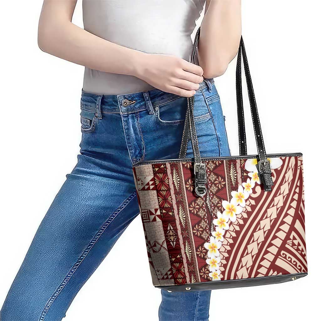 Red Vintage Tonga Ngatu Pattern With Plumeria Leather Tote Bag LT05 - Polynesian Pride