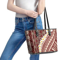 Red Vintage Tonga Ngatu Pattern With Plumeria Leather Tote Bag LT05 - Polynesian Pride