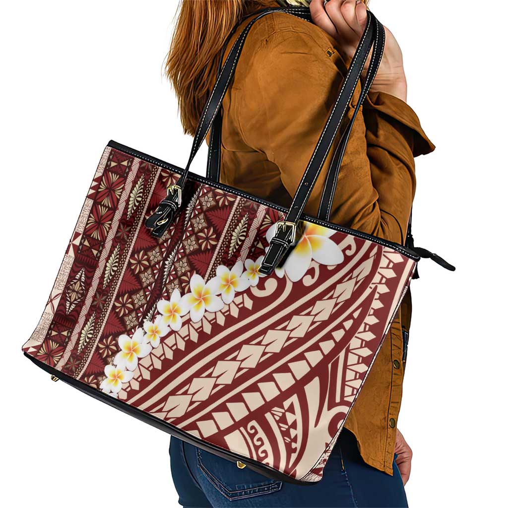 Red Vintage Tonga Ngatu Pattern With Plumeria Leather Tote Bag LT05 - Polynesian Pride