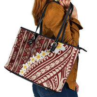 Red Vintage Tonga Ngatu Pattern With Plumeria Leather Tote Bag LT05 - Polynesian Pride