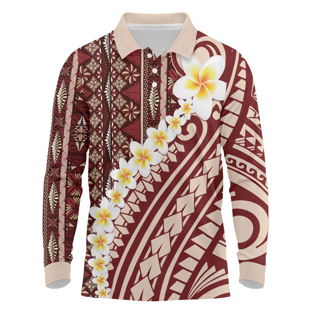Red Vintage Tonga Ngatu Pattern With Plumeria Long Sleeve Polo Shirt LT05 Red - Polynesian Pride