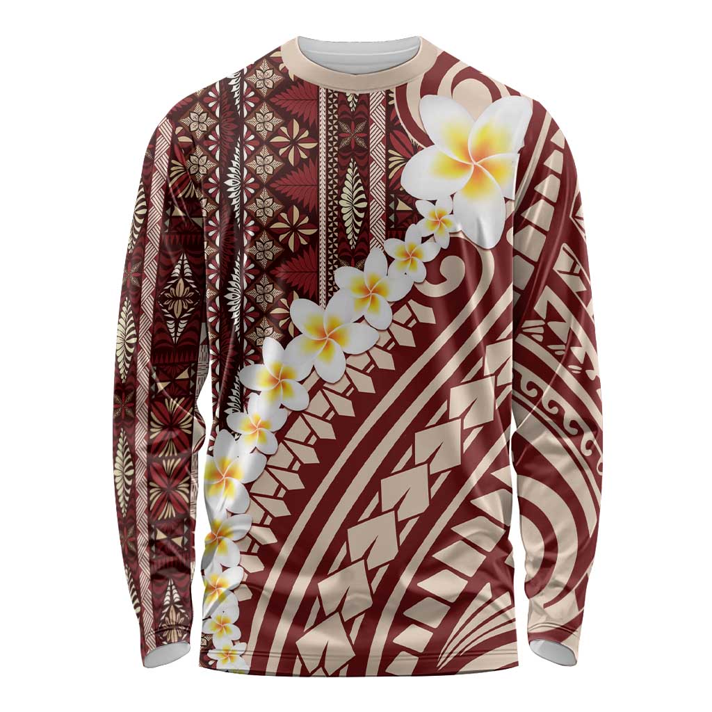 Red Vintage Tonga Ngatu Pattern With Plumeria Long Sleeve Shirt - Polynesian Pride