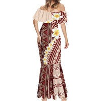 Red Vintage Tonga Ngatu Pattern With Plumeria Mermaid Dress - Polynesian Pride