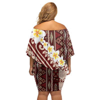 Red Vintage Tonga Ngatu Pattern With Plumeria Off Shoulder Short Dress - Polynesian Pride