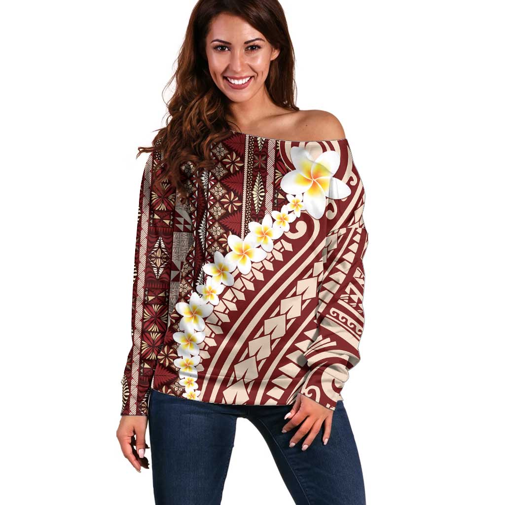 Red Vintage Tonga Ngatu Pattern With Plumeria Off Shoulder Sweater LT05 Women Red - Polynesian Pride