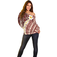 Red Vintage Tonga Ngatu Pattern With Plumeria Off Shoulder Sweater - Polynesian Pride