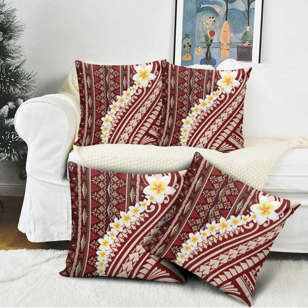 Red Vintage Tonga Ngatu Pattern With Plumeria Pillow Cover - Polynesian Pride