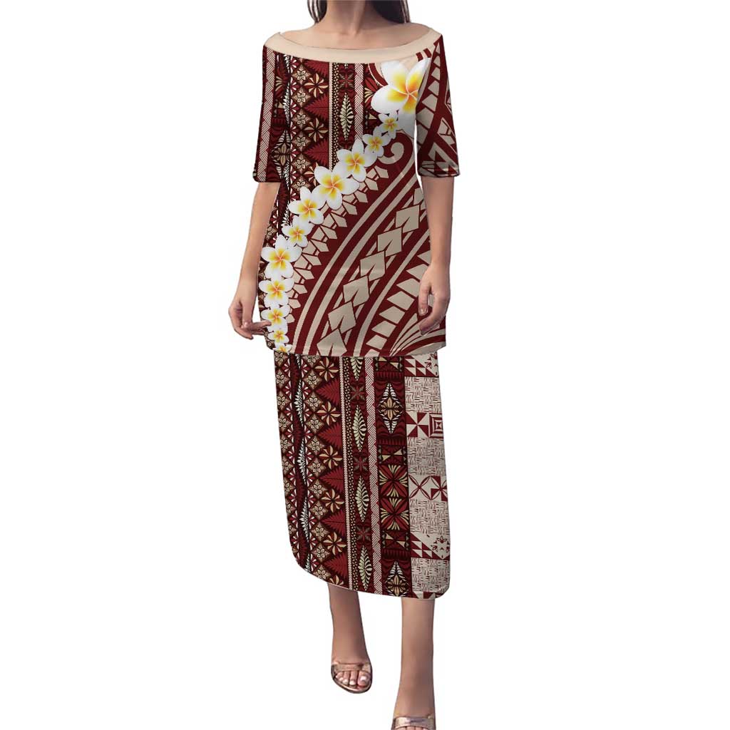 Red Vintage Tonga Ngatu Pattern With Plumeria Puletasi - Polynesian Pride