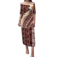 Red Vintage Tonga Ngatu Pattern With Plumeria Puletasi - Polynesian Pride