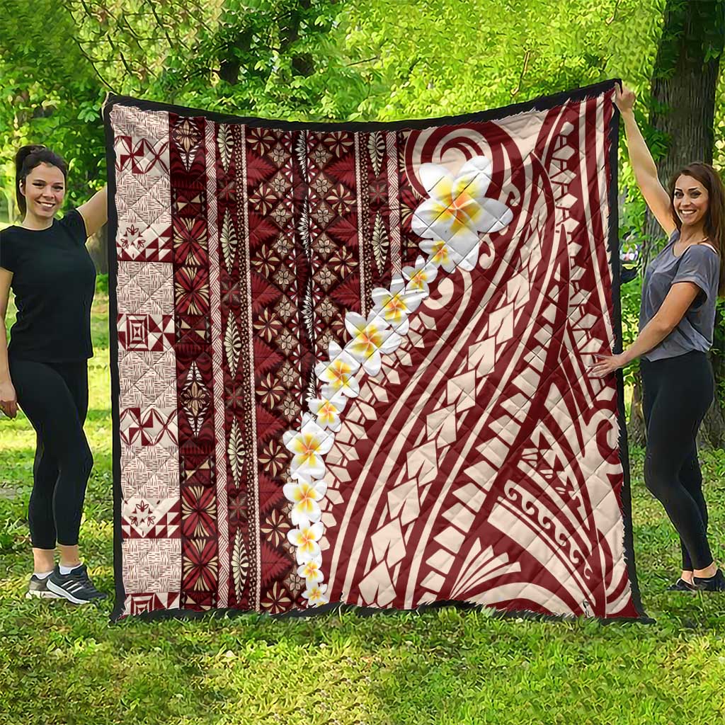 Red Vintage Tonga Ngatu Pattern With Plumeria Quilt - Polynesian Pride