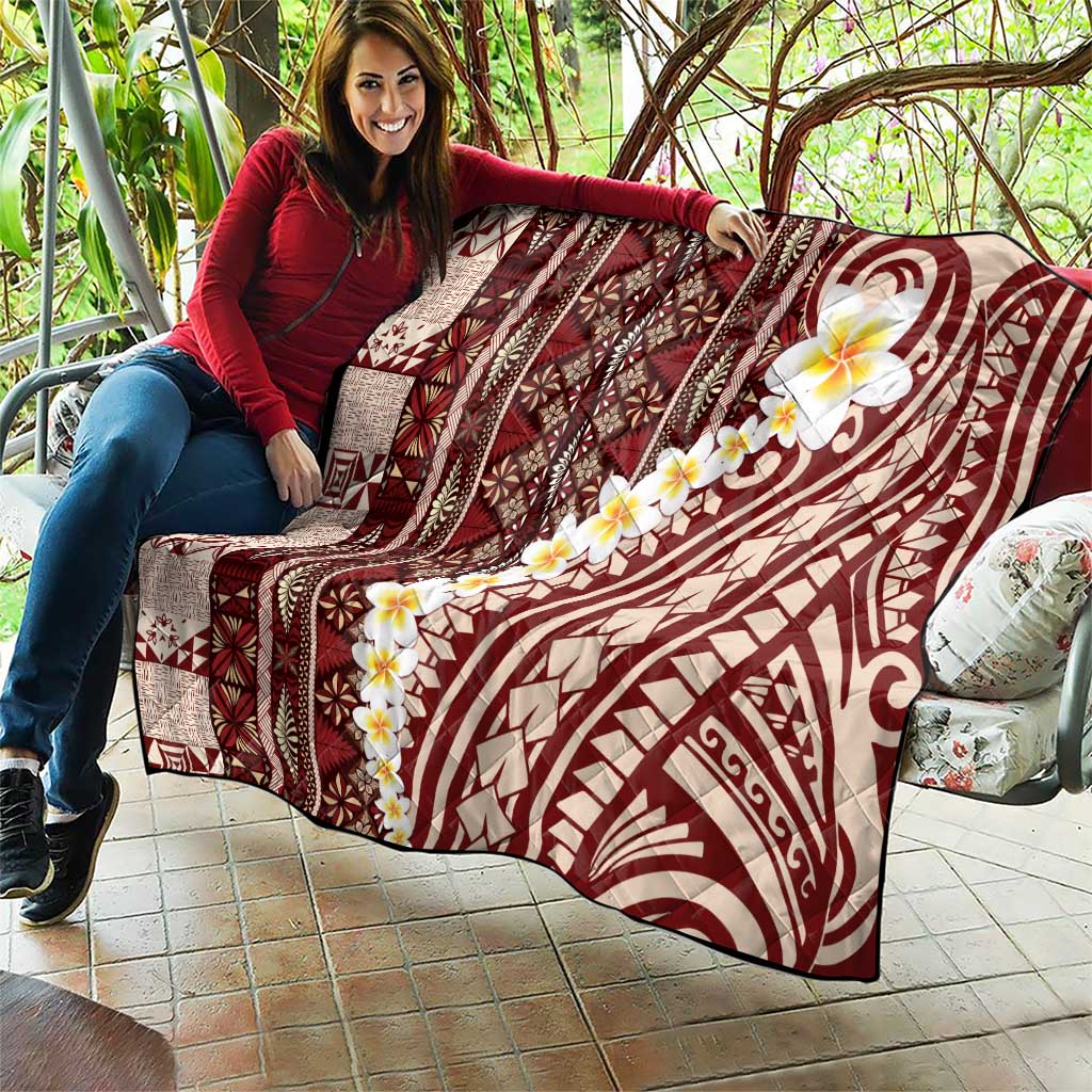 Red Vintage Tonga Ngatu Pattern With Plumeria Quilt - Polynesian Pride